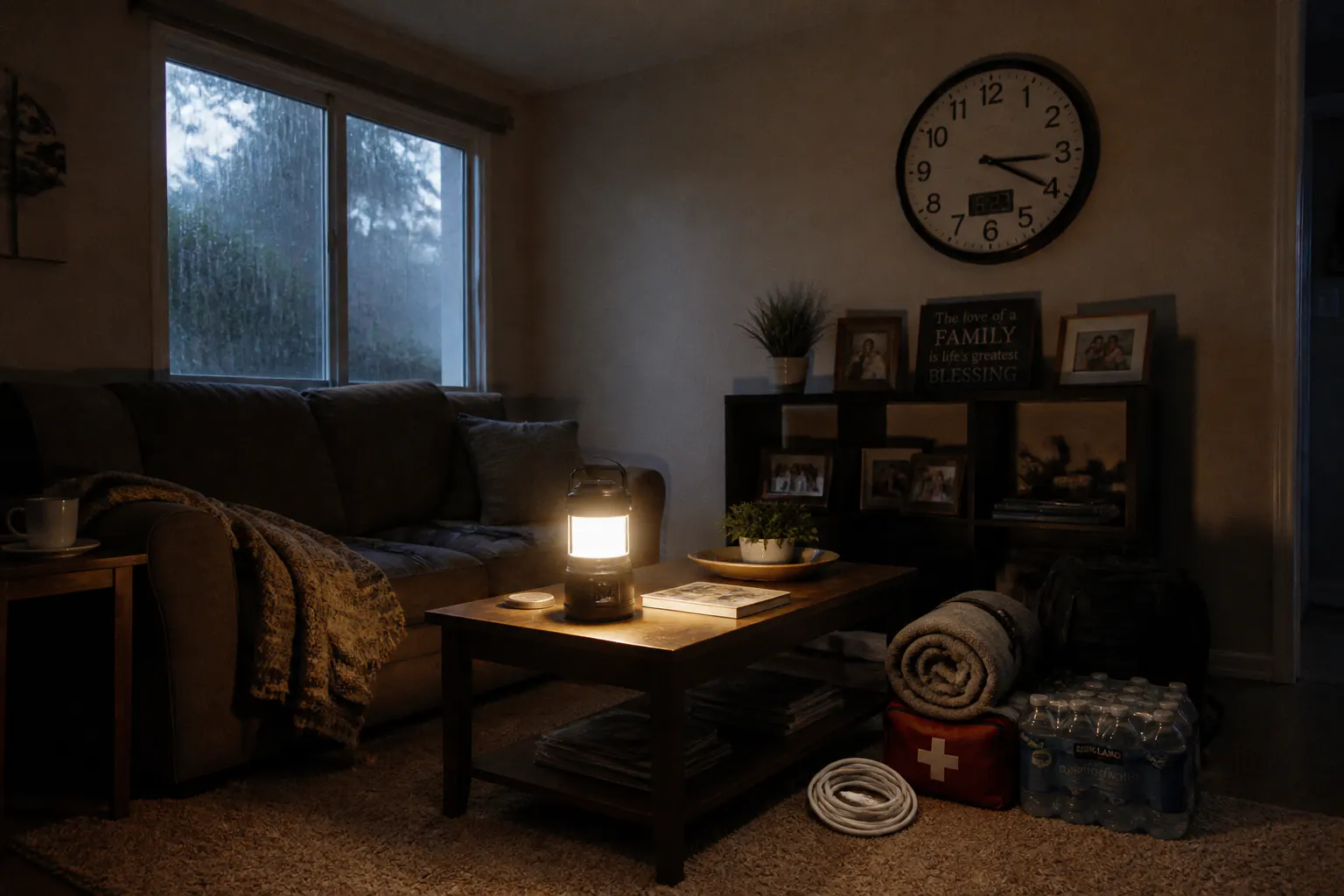 A room lit and powered by the device during an outage