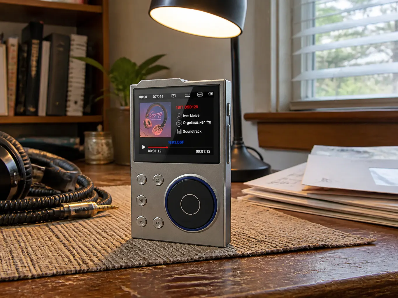 Player connected to headphones playing lossless files