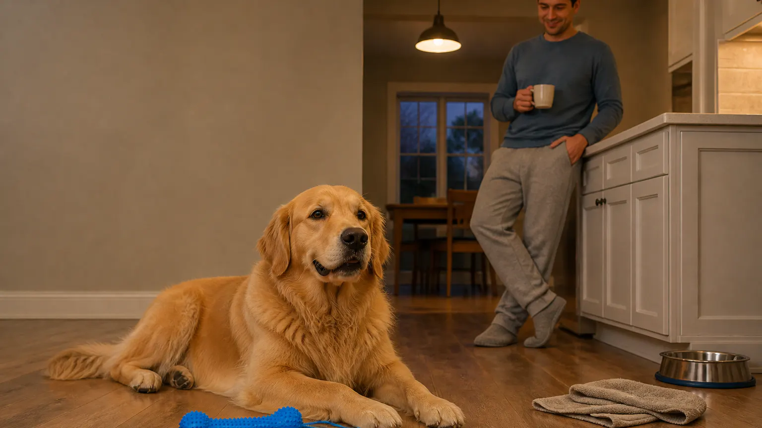 A calm dog relaxing in the kitchen after an easy brushing session