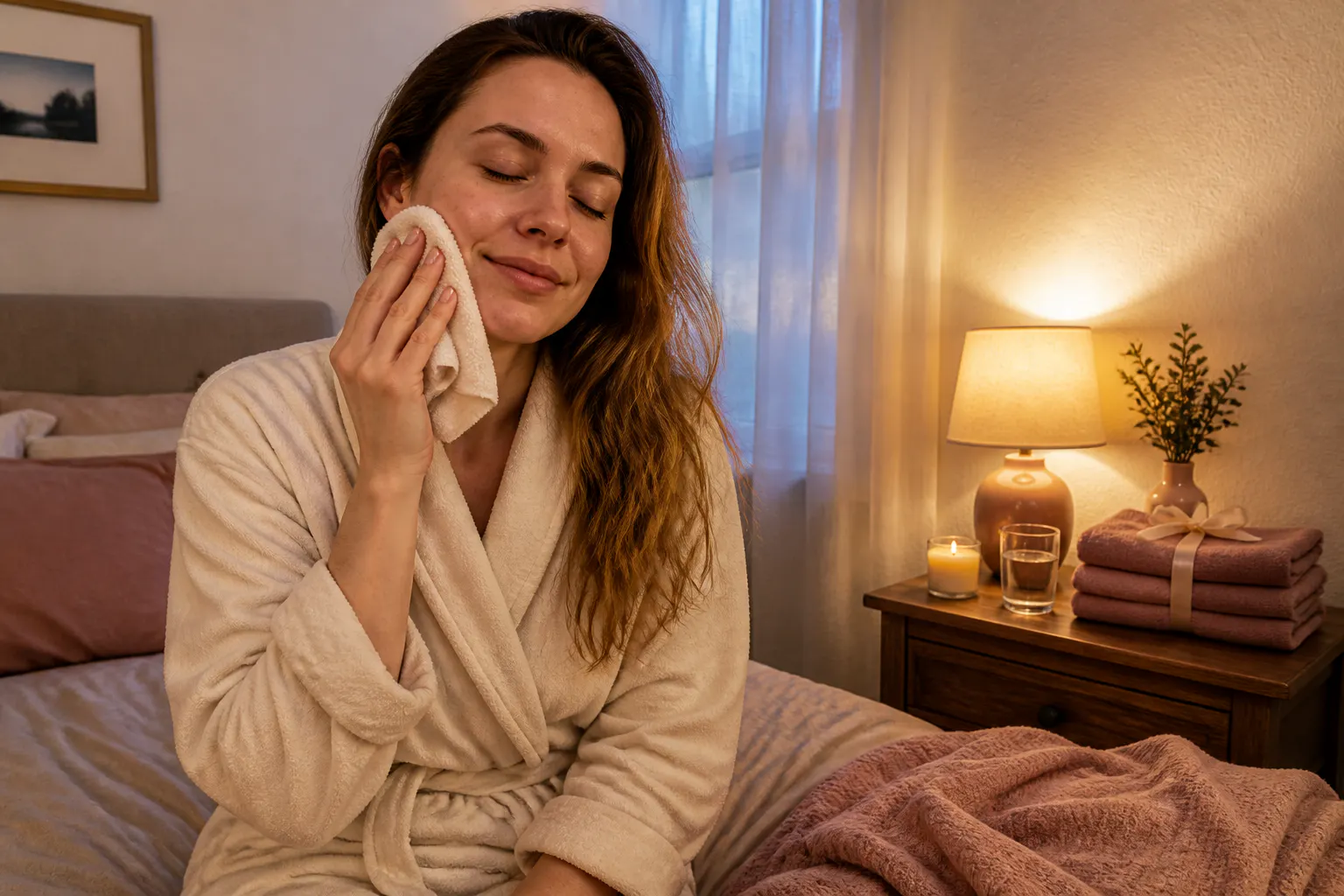 Woman enjoying a warm spa towel in a feminine bathroom
