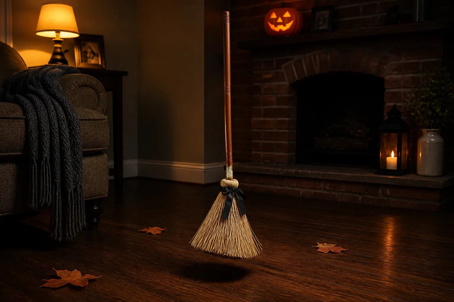 Floating witch broom hovering off a dim hardwood floor