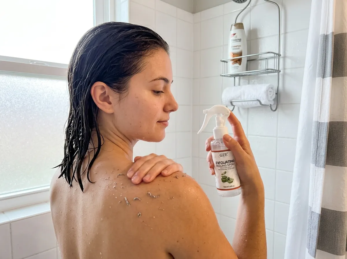 Spraying the exfoliating gel on dry skin in the shower