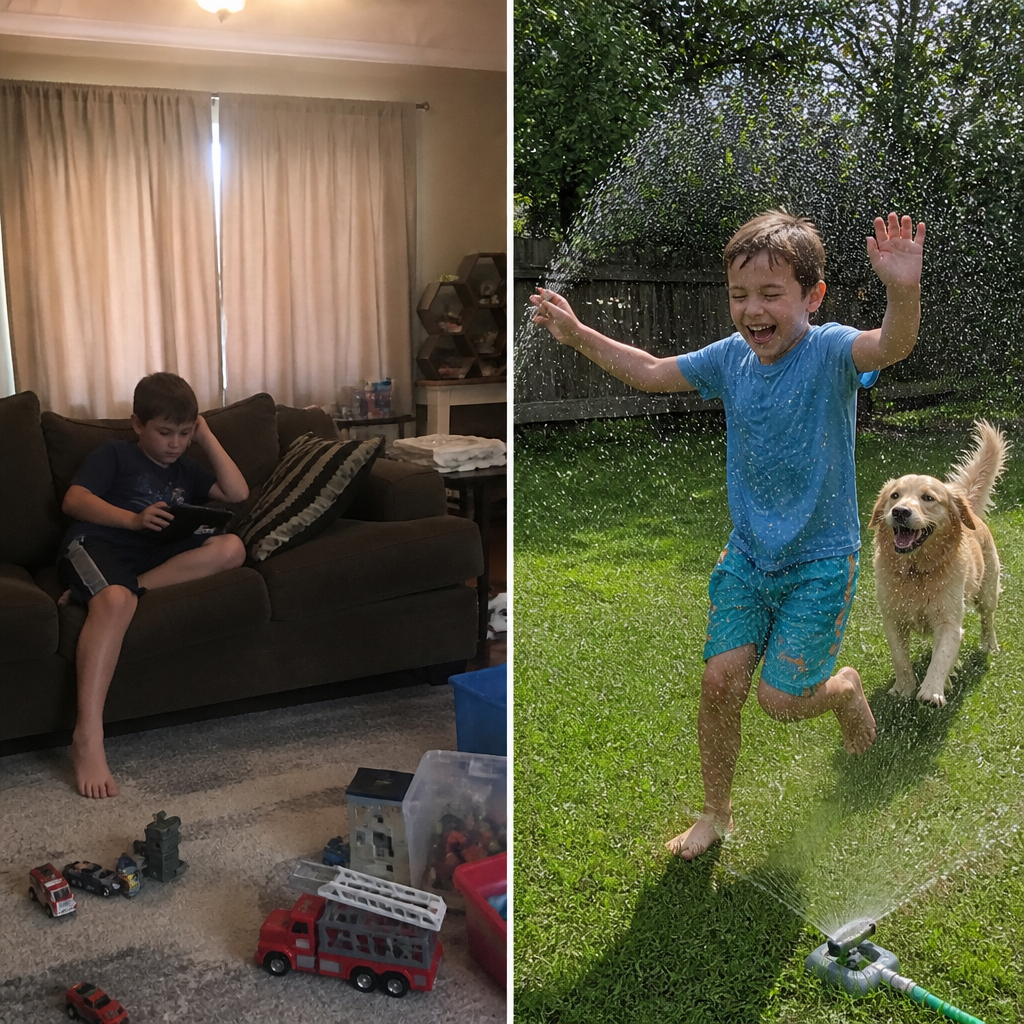 Kids and a happy dog running through the dancing flower sprinkler on a bright sunny lawn