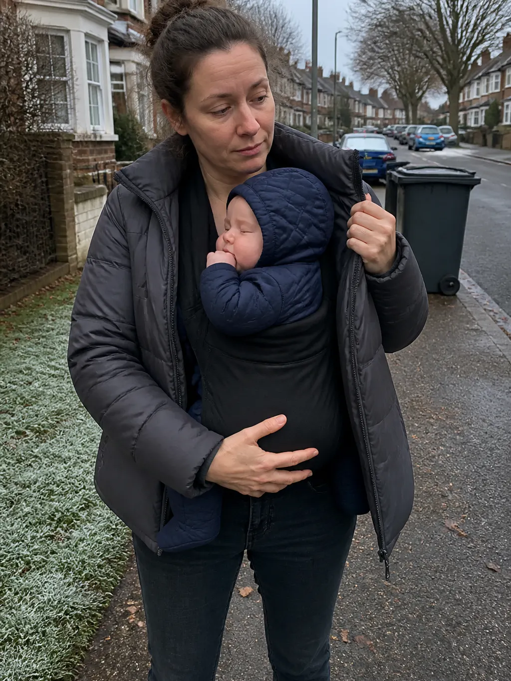 Parent in a hallway with a baby carrier and a bulky coat both half-on, mid-struggle before the school run