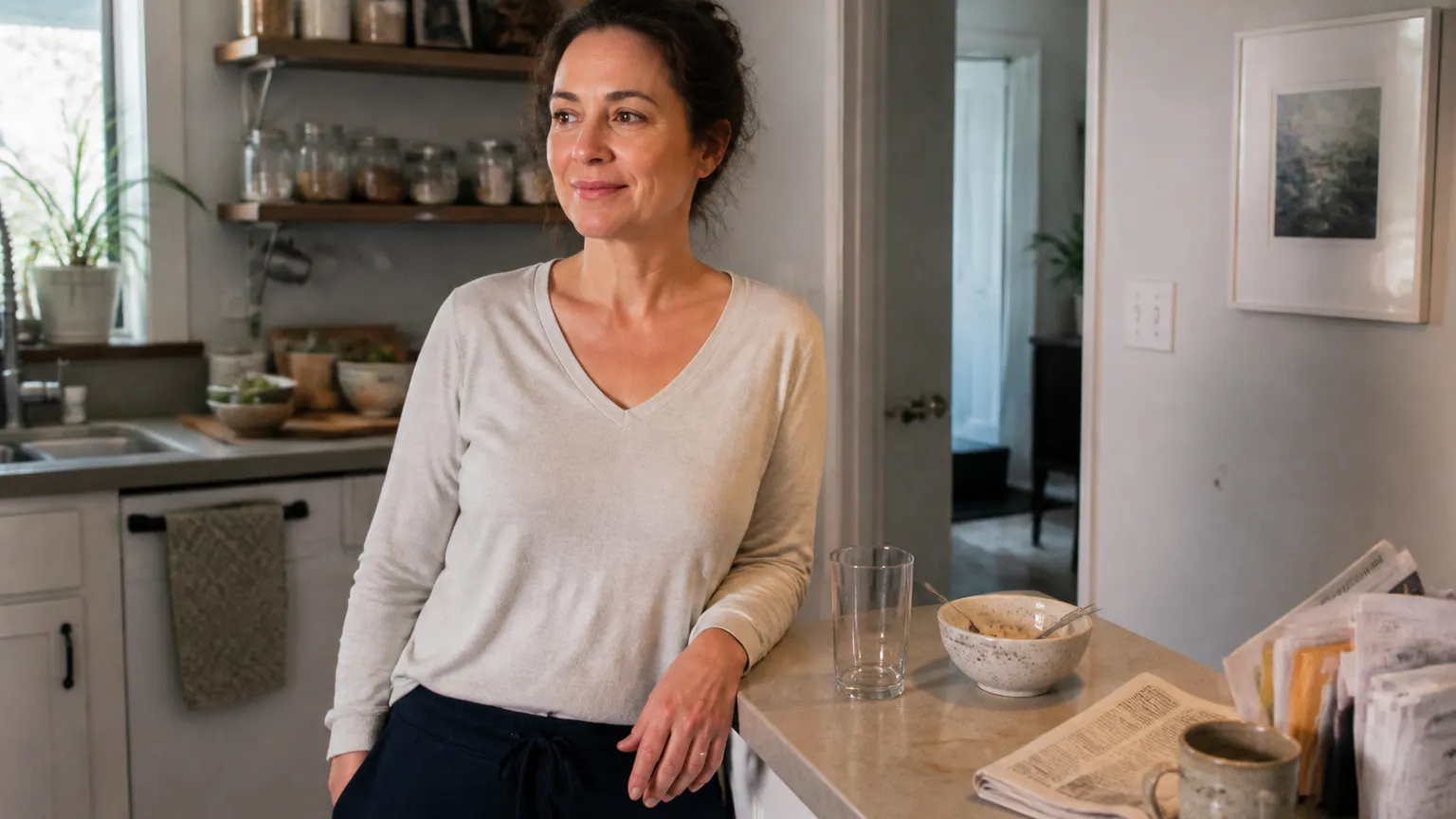 Person feeling steady and comfortable in a warm morning kitchen
