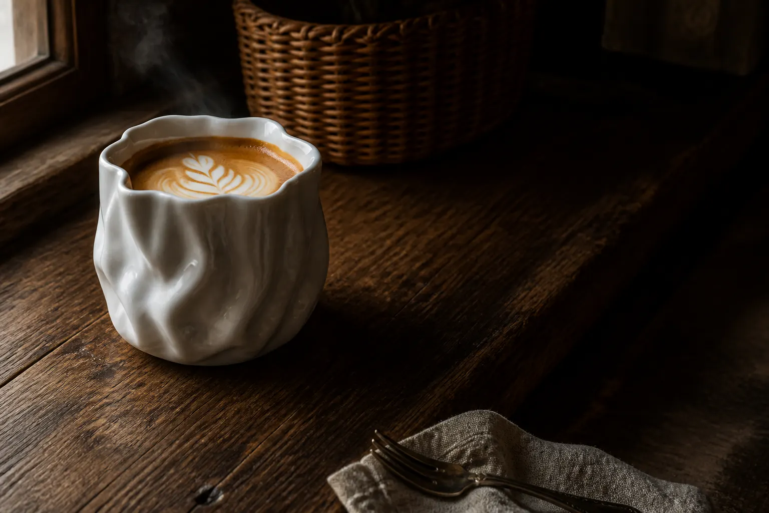 The ceramic sack mug on a shelf in warm low light