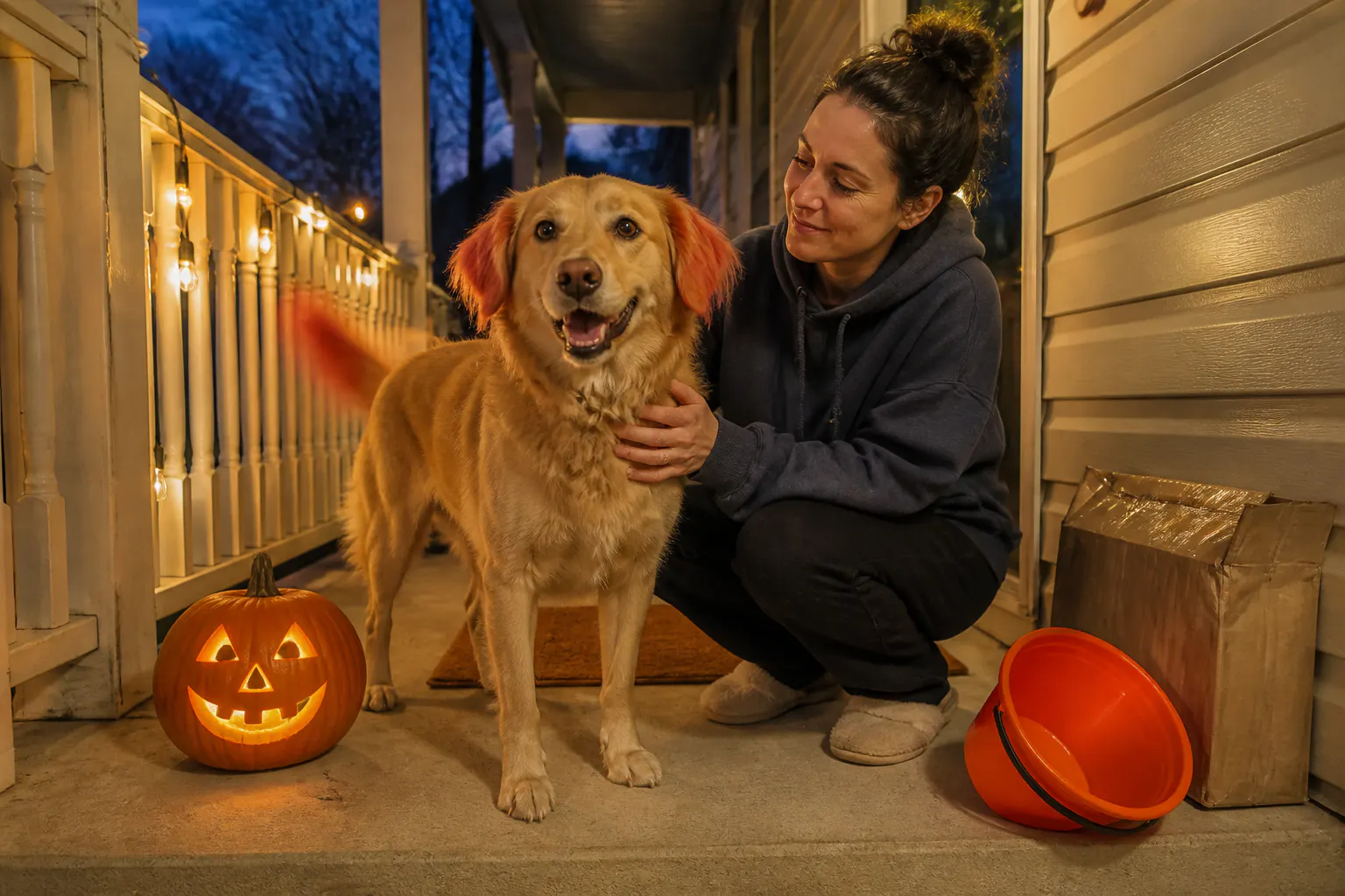 A dog with black and wine-red coloring through its coat at a Halloween gathering