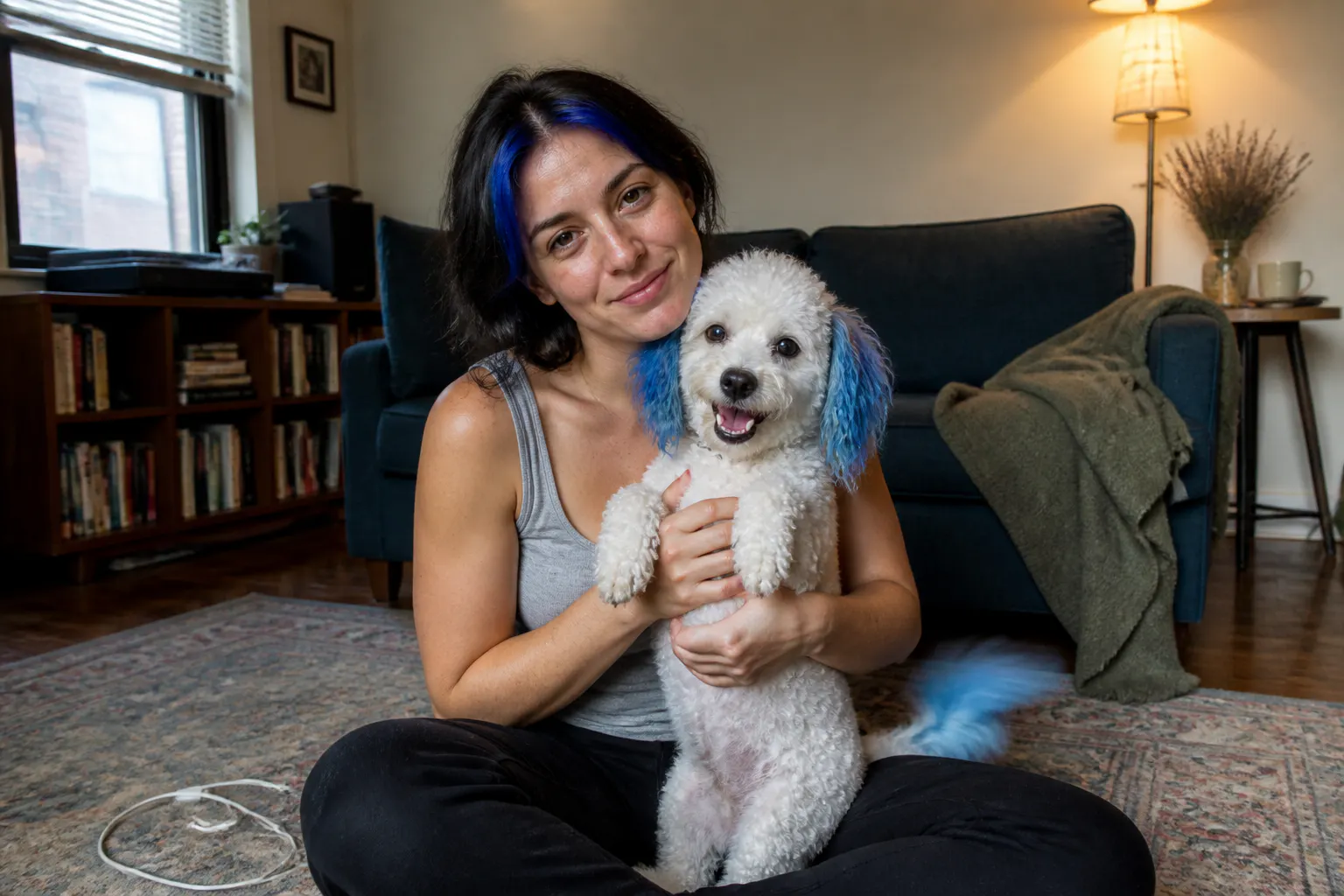 An owner with pink hair sitting beside her dog whose ears are colored to match