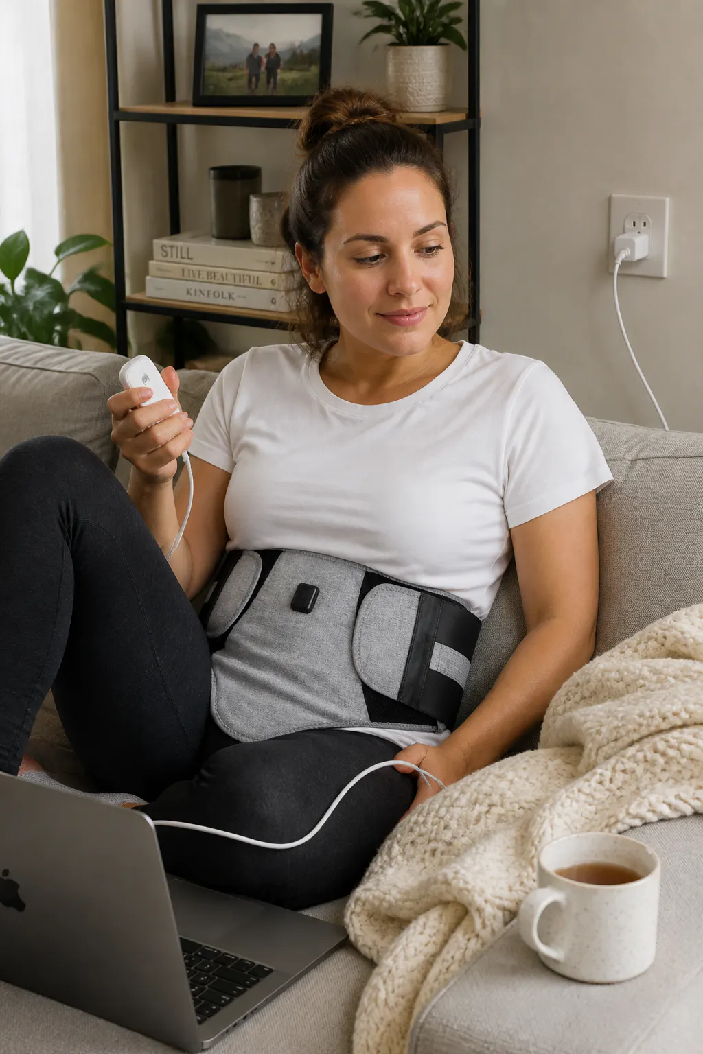Woman relaxed on her couch with the Ventra heated wrap strapped over her lower abdomen
