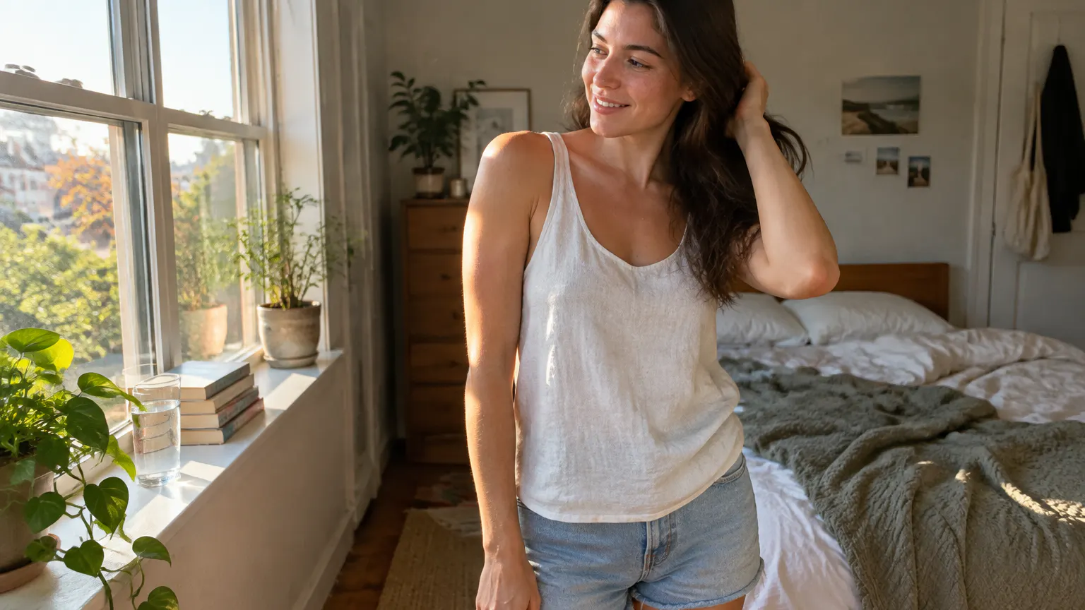 Woman in a sleeveless top by a sunlit window, relaxed