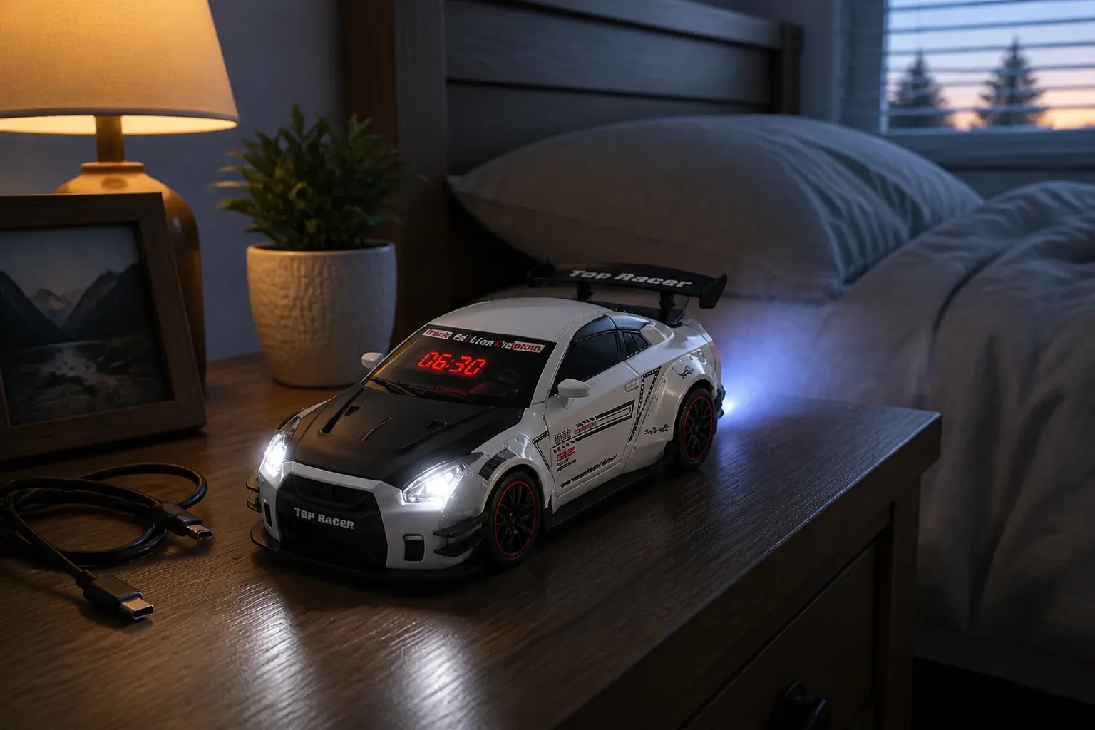 GT-R alarm clock starting up with red mist and glowing lights