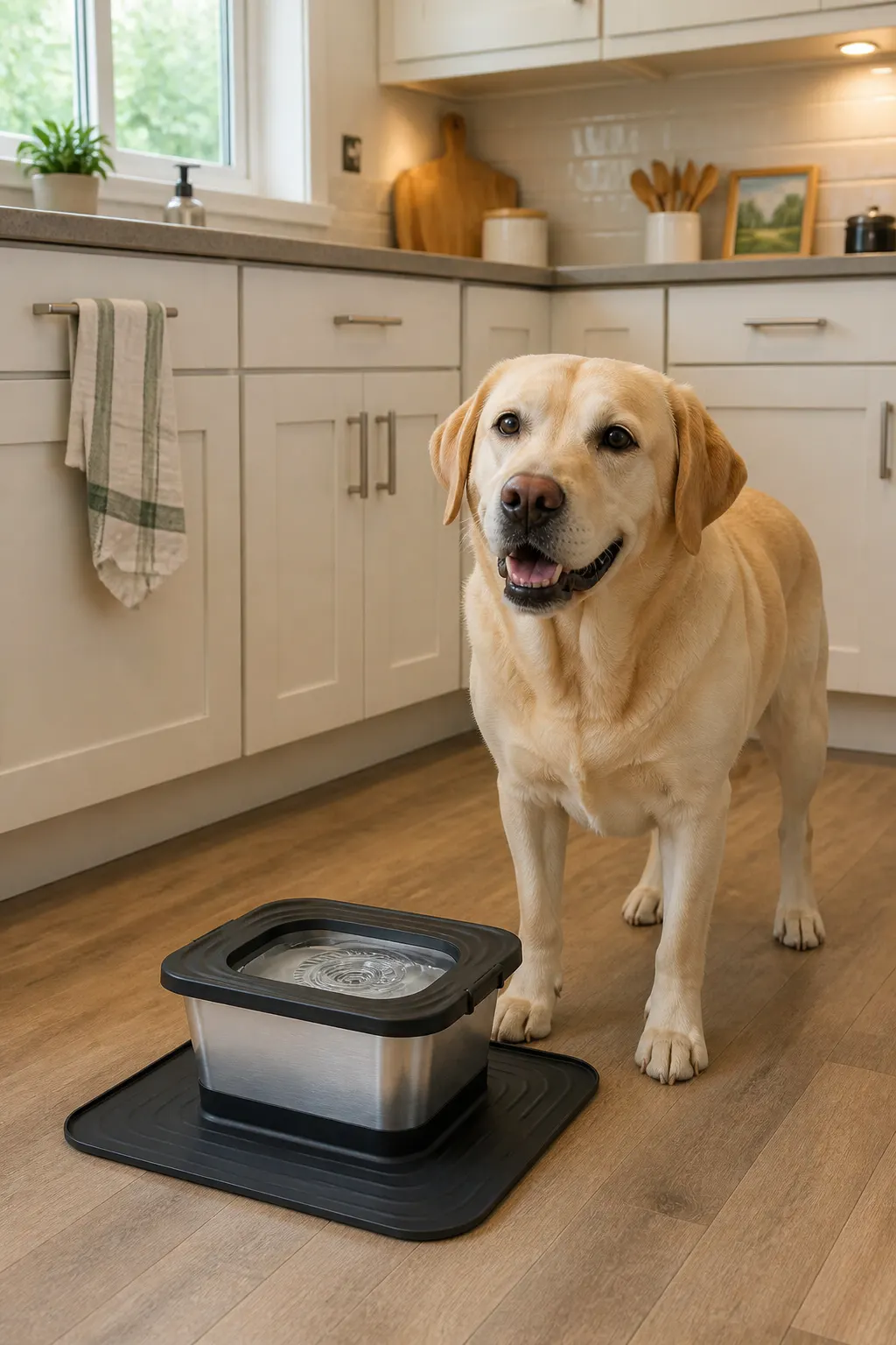 Content dog drinking from the Ventra bowl at home