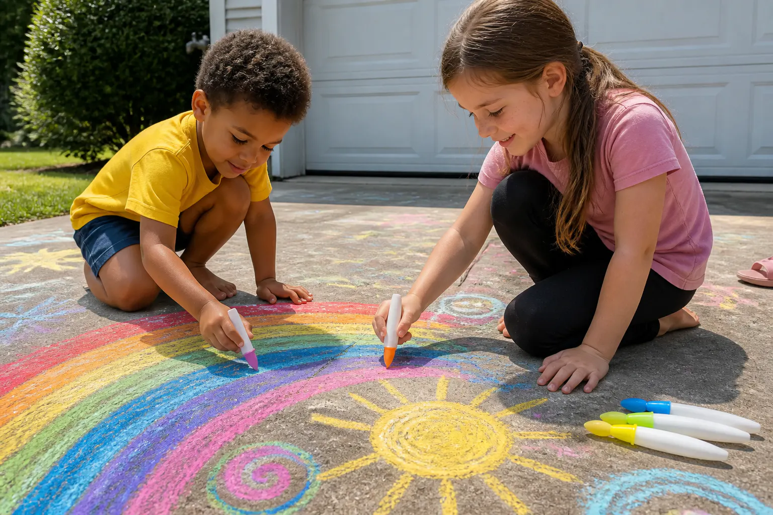 Kids painting the driveway together, one brush each