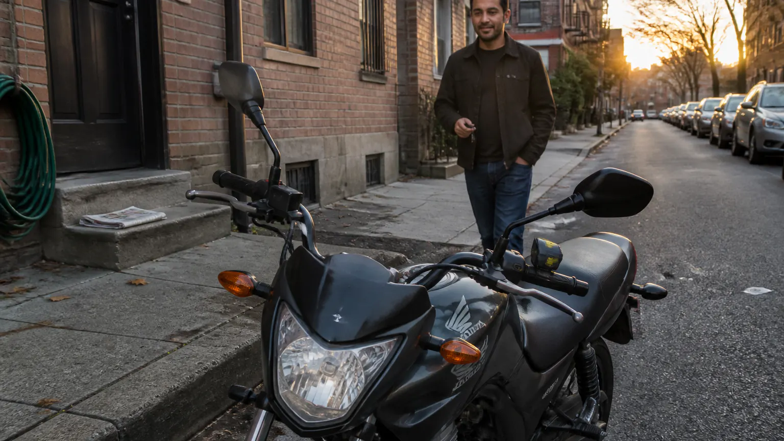 Motorcycle still safely parked on the street in the morning with the Ventra lock on the grip