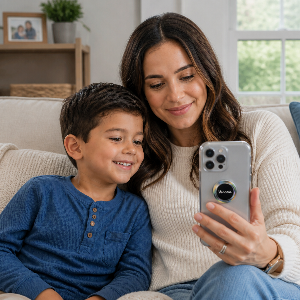 Parent applying Ventra EMF chip to family device