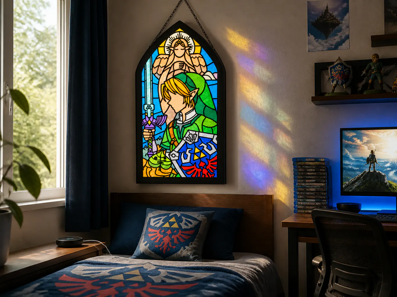 The stained glass suncatcher packed as a gift and hung in its new room