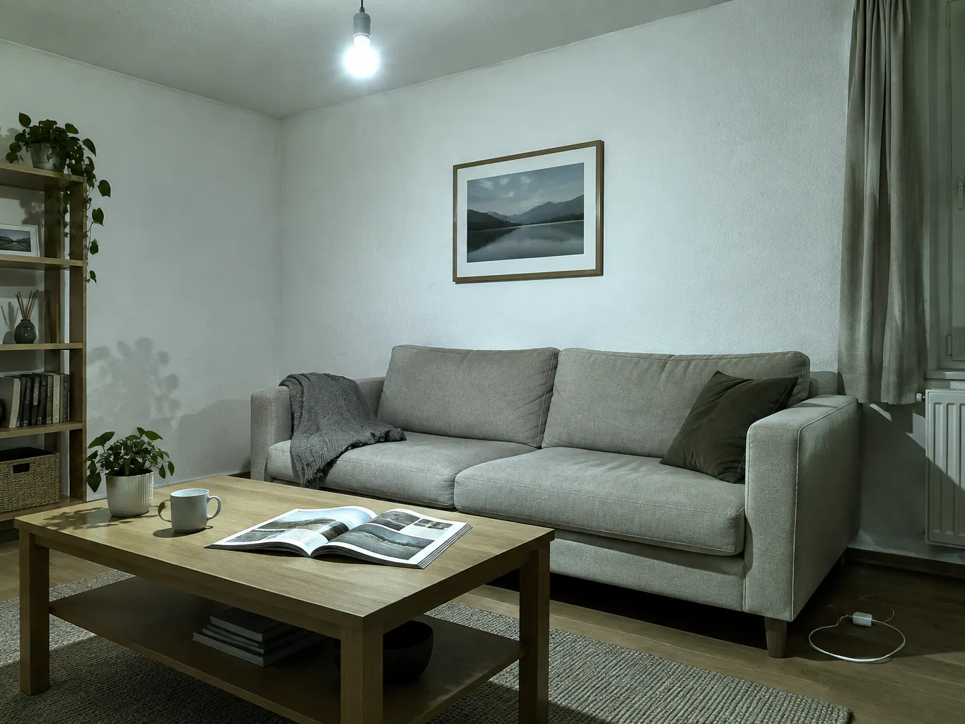 A room lit by a harsh, white-cast warm white bulb