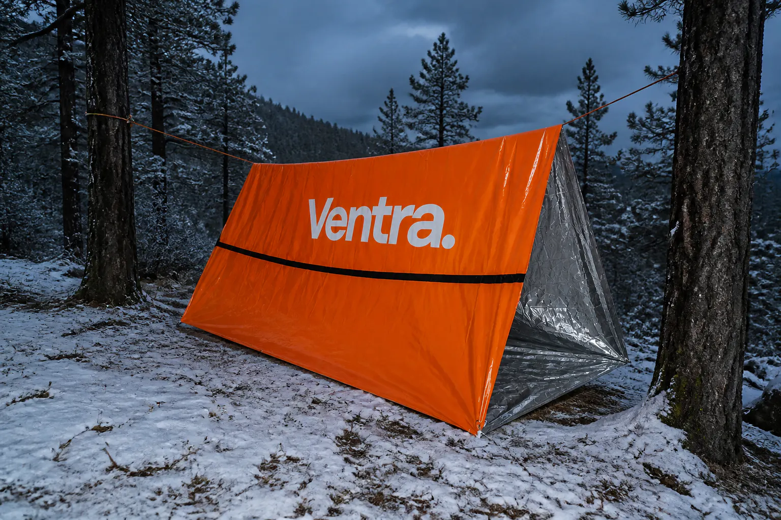 Orange emergency shelter pitched on a stormy night