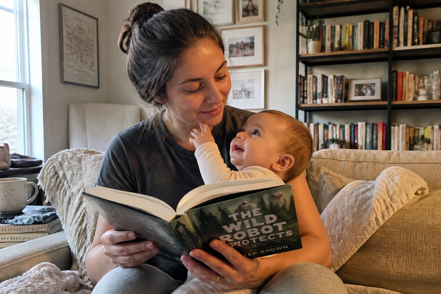 A parent reading the book with their baby