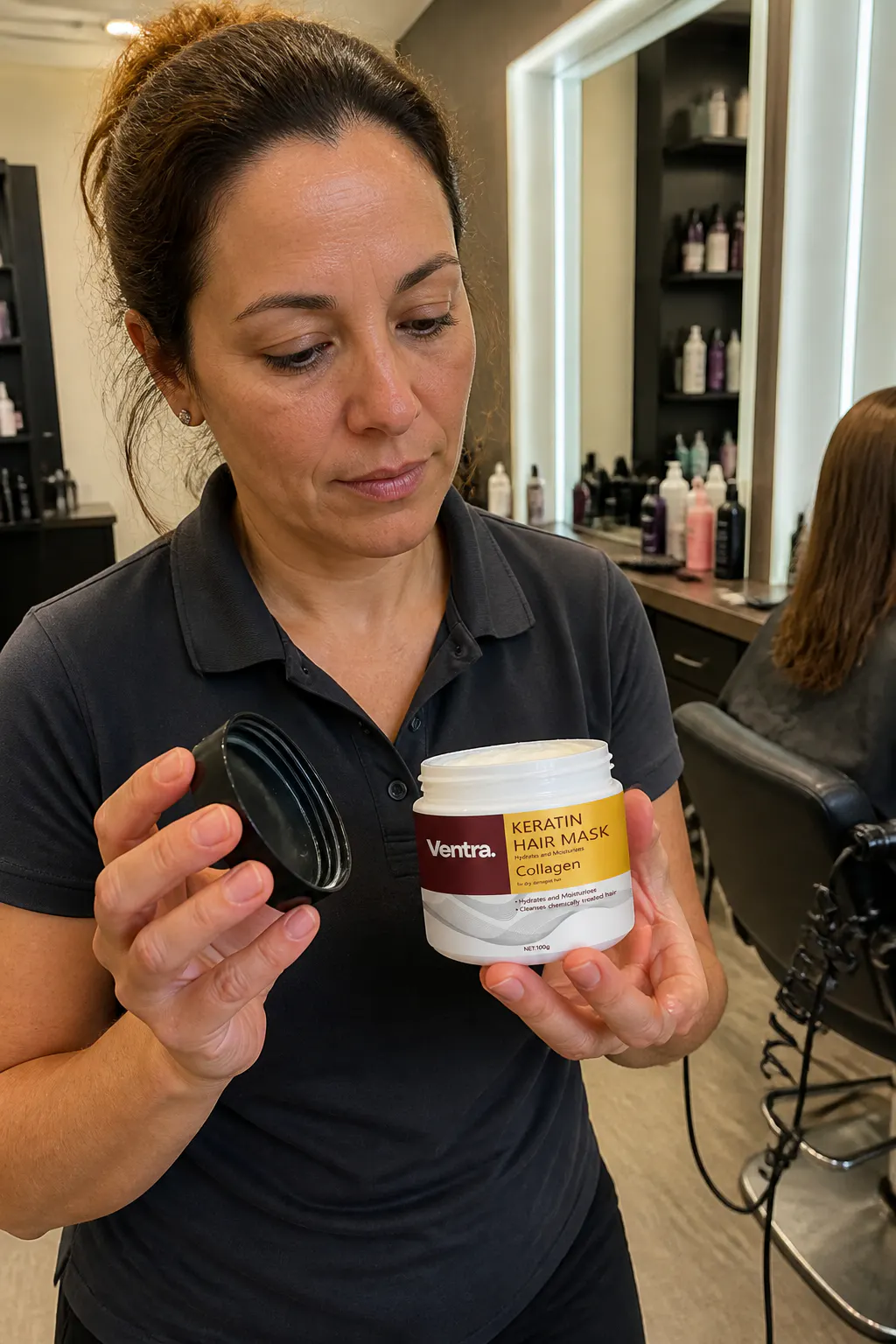 Hair stylist presenting the Ventra mask