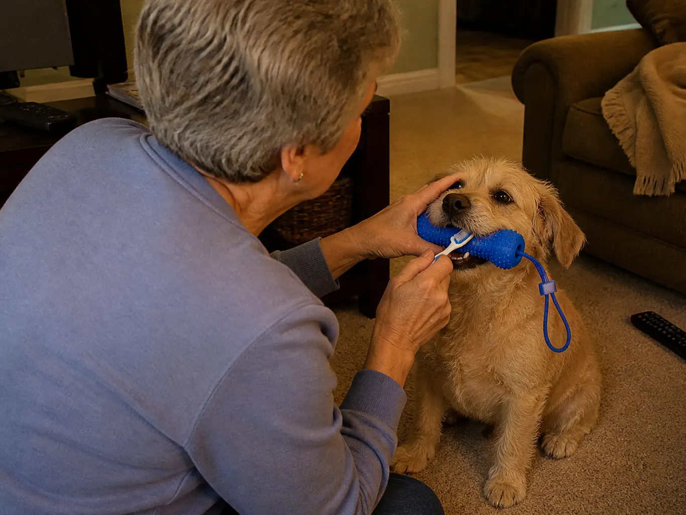 Customer photo of a dog using the BrushBuddy dental toy