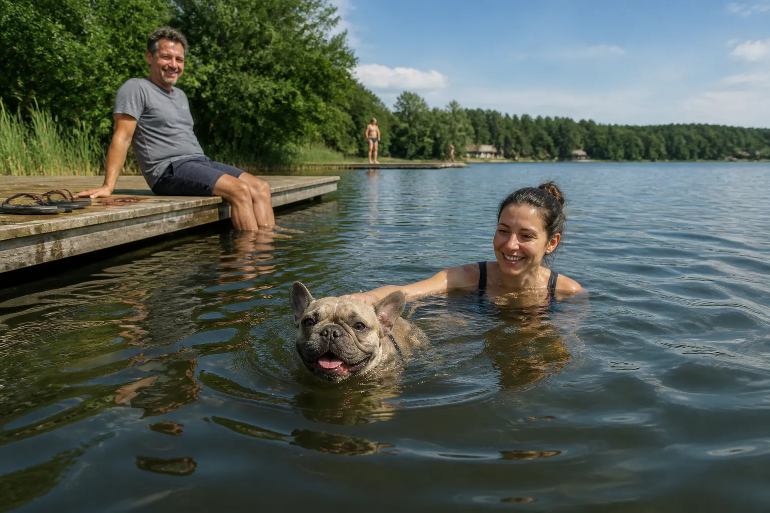 A dog swimming alongside the family at the lake wearing the Ventra life jacket, head up, owner relaxed
