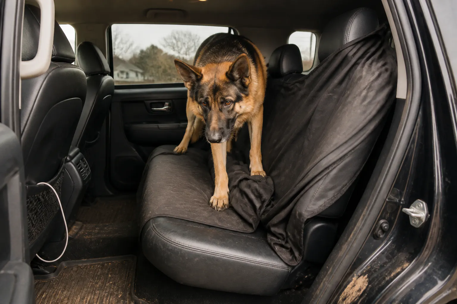 A dog sitting on a bunched, slipped-off car seat cover