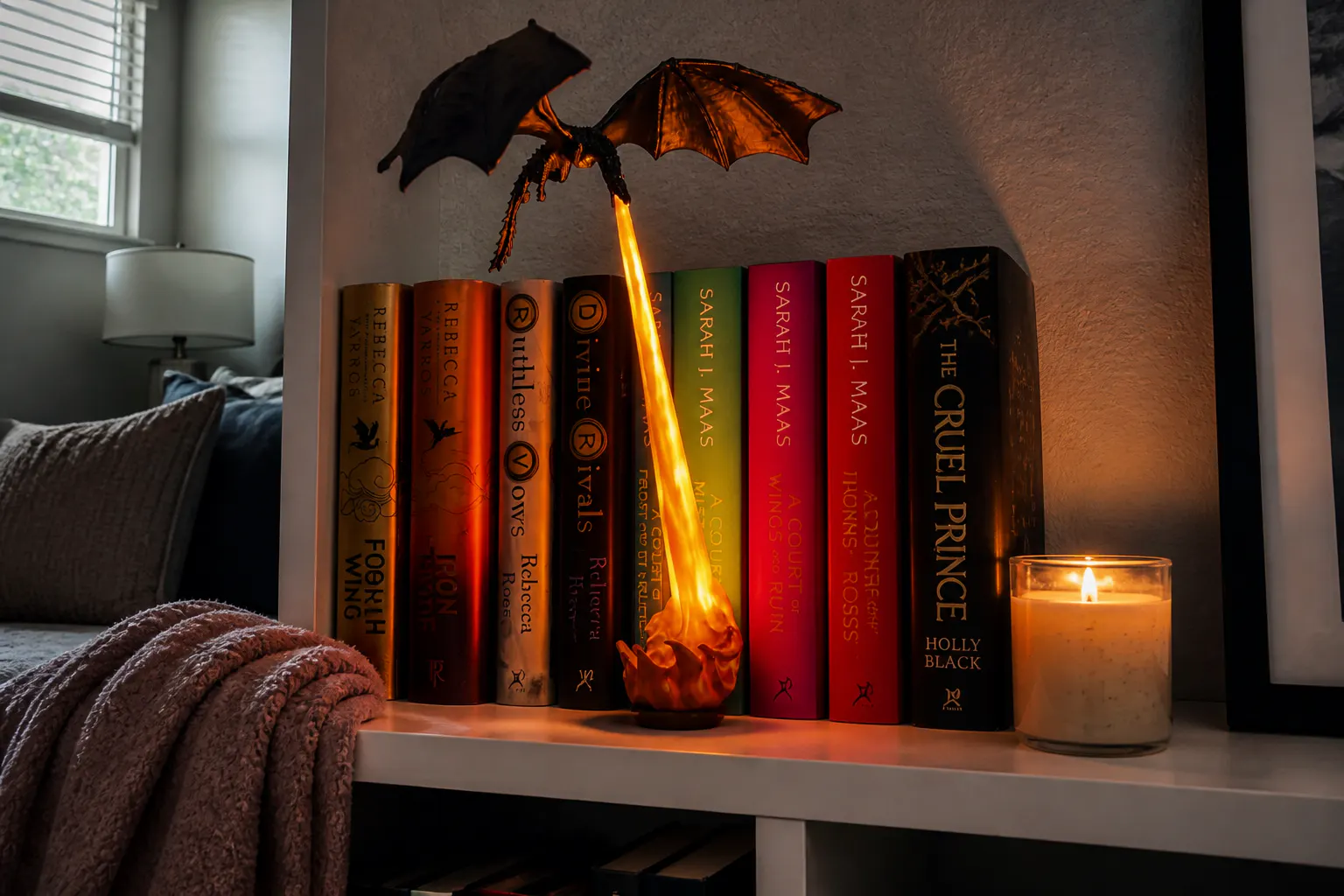 The lit dragon guardian glowing on a styled gift-ready bookshelf
