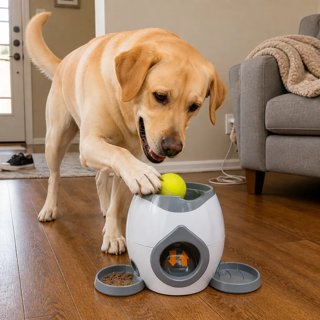 Dog dropping a tennis ball into the top funnel of the FetchBot
