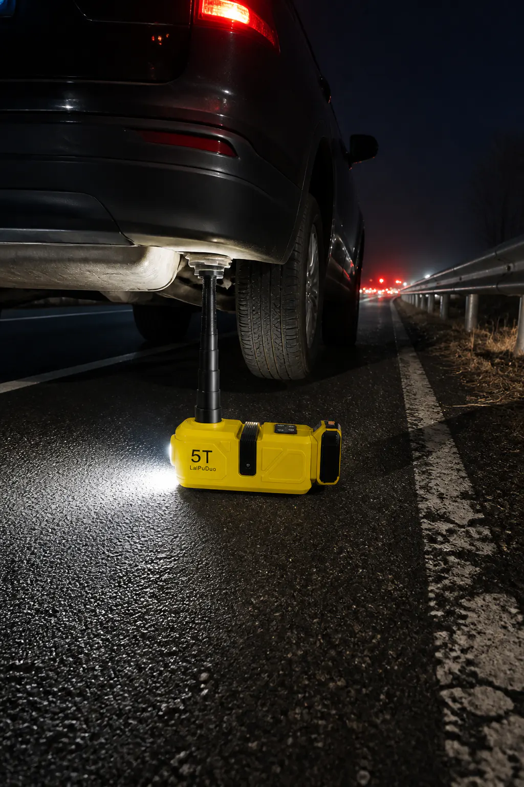 Ventra cordless car jack lifting an SUV at night with LED on