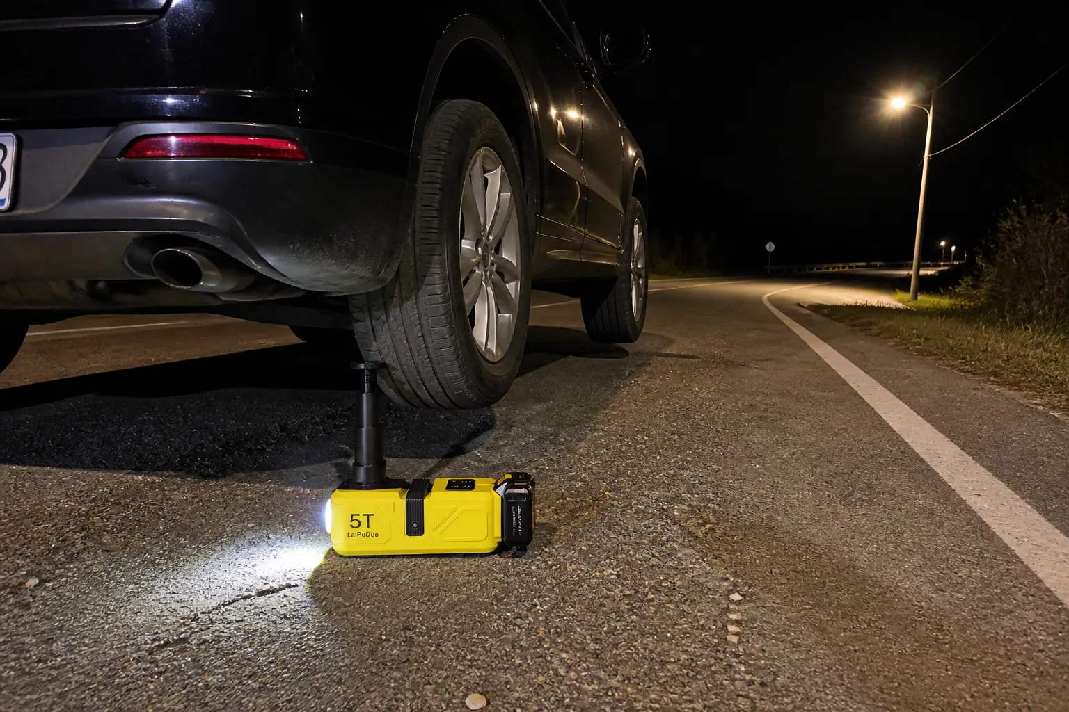 Ventra jack lifting a vehicle at night with LED on and battery attached