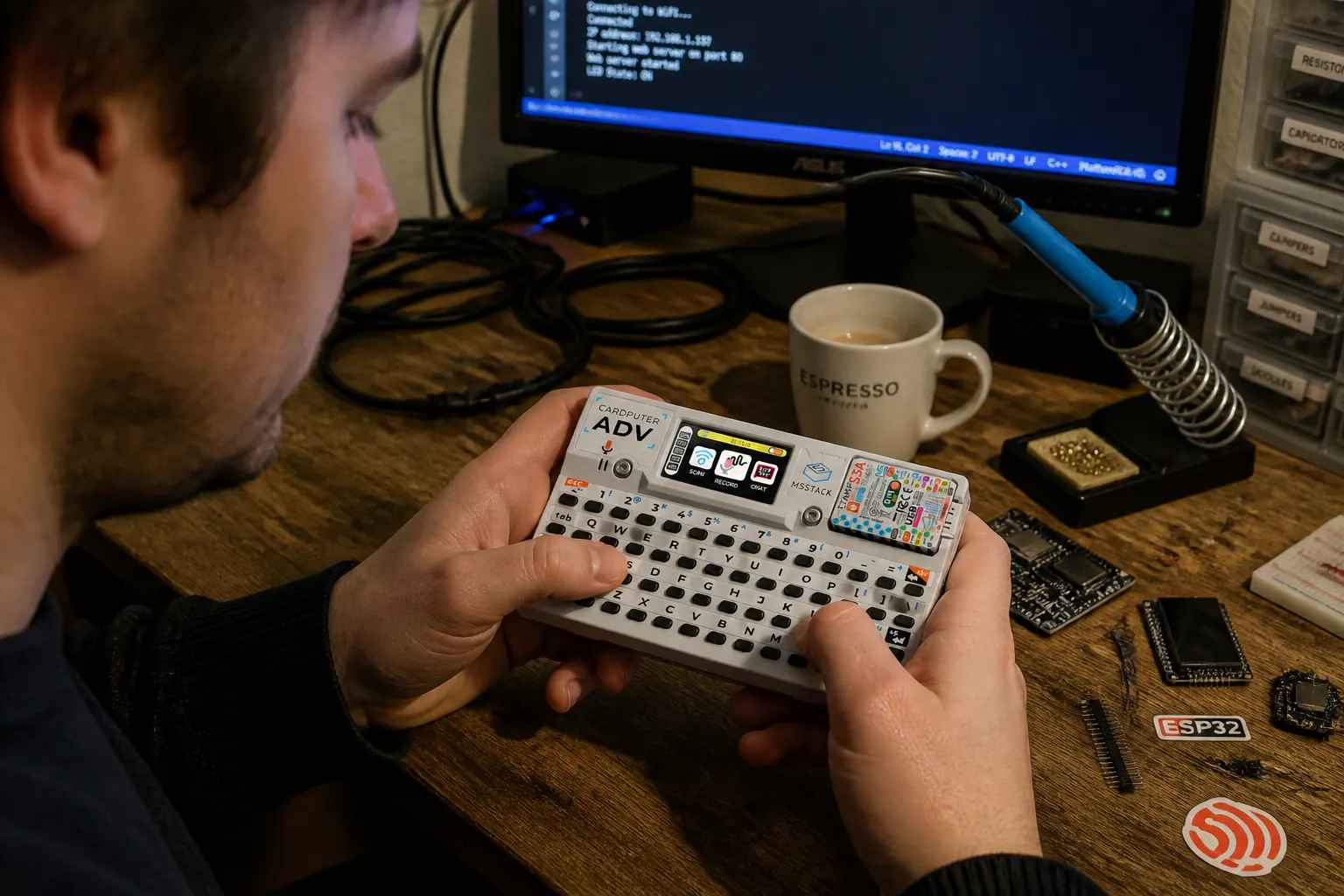 The Pocket Hacker Deck in hand on a maker desk, launcher glowing