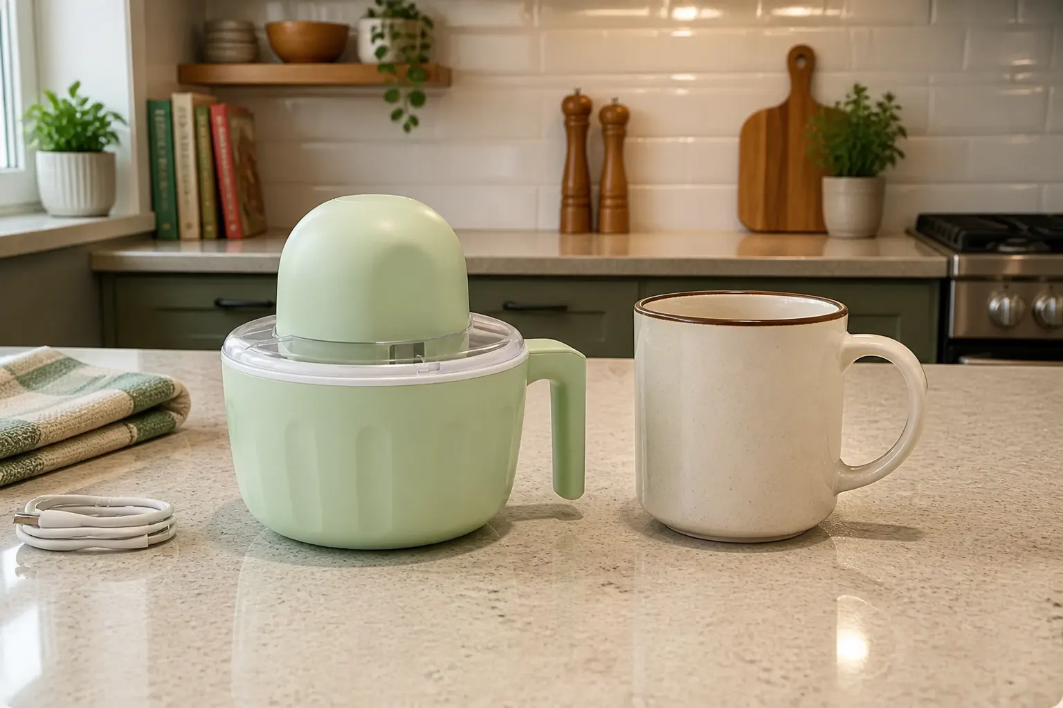 The compact pastel ice cream maker tucked on a small kitchen counter