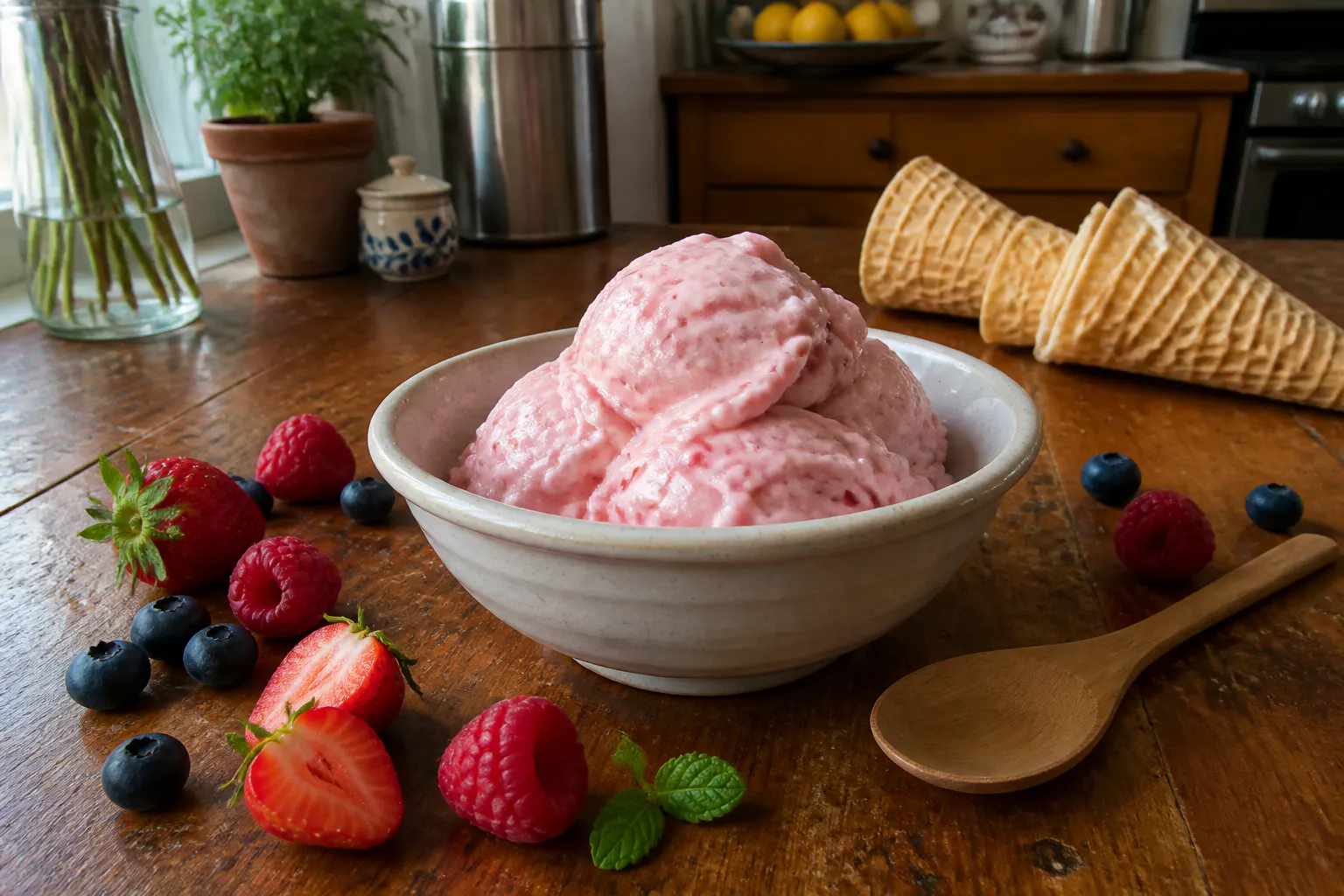 Fresh strawberries and mango being added to the ice cream maker
