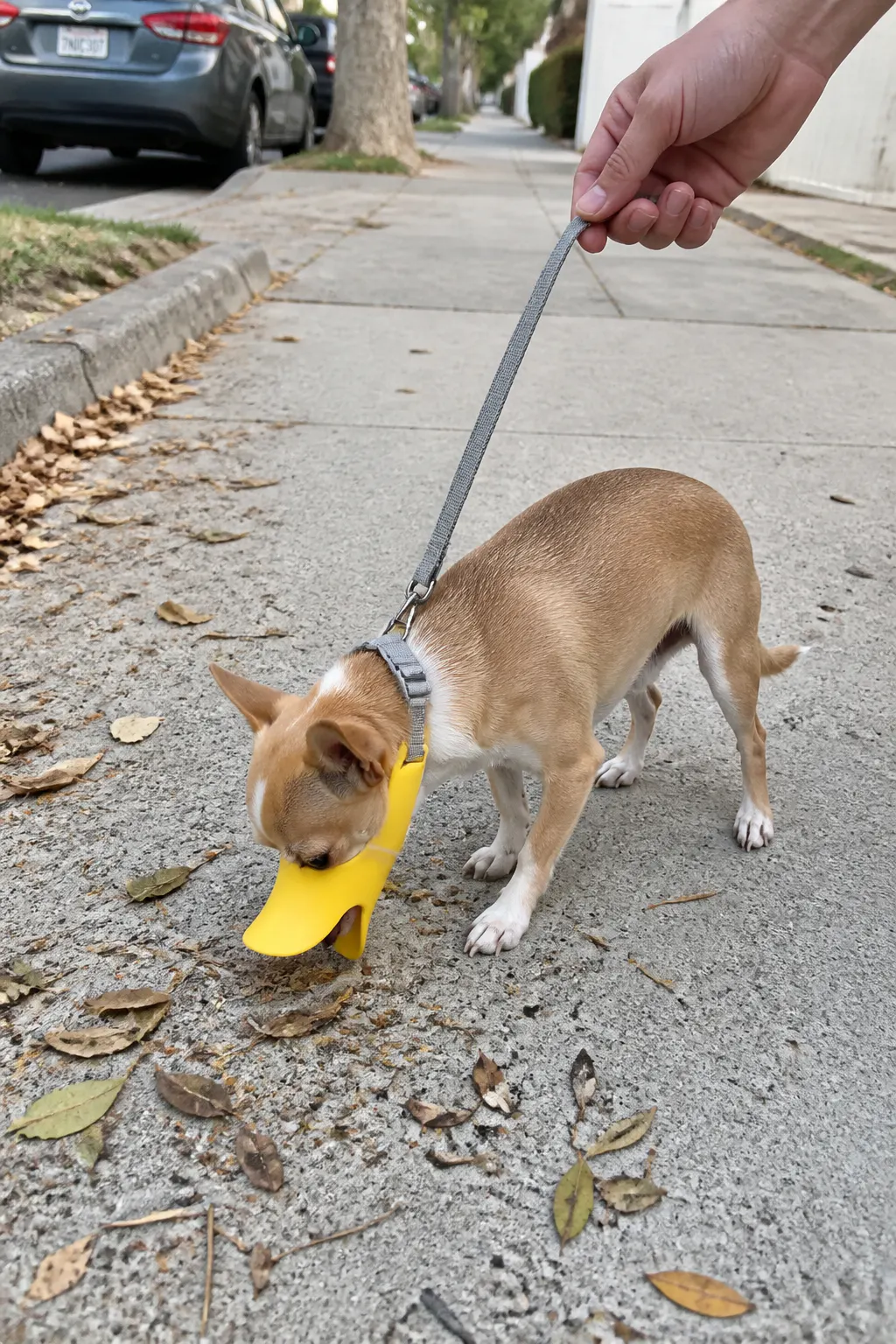 Owner walking a small dog that is nosing toward the ground