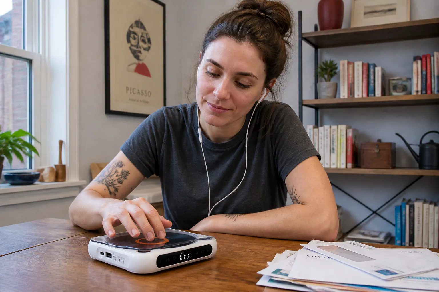 A person listening with the included wired earbuds, relaxed