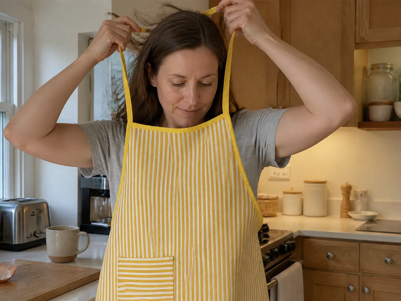 Apron being lifted over the head, strap settling behind the neck