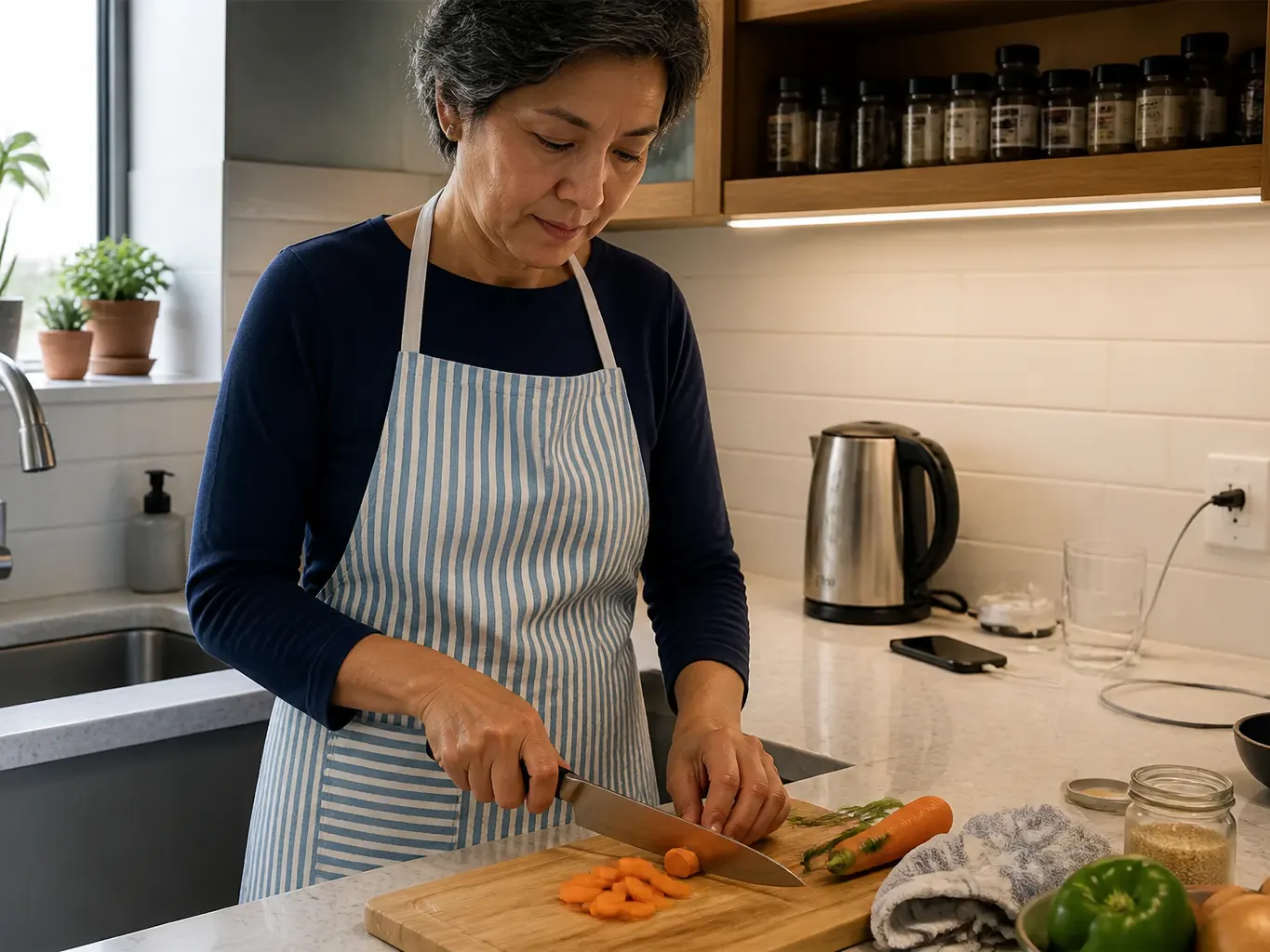 Wearing the apron mid-cook at the stove