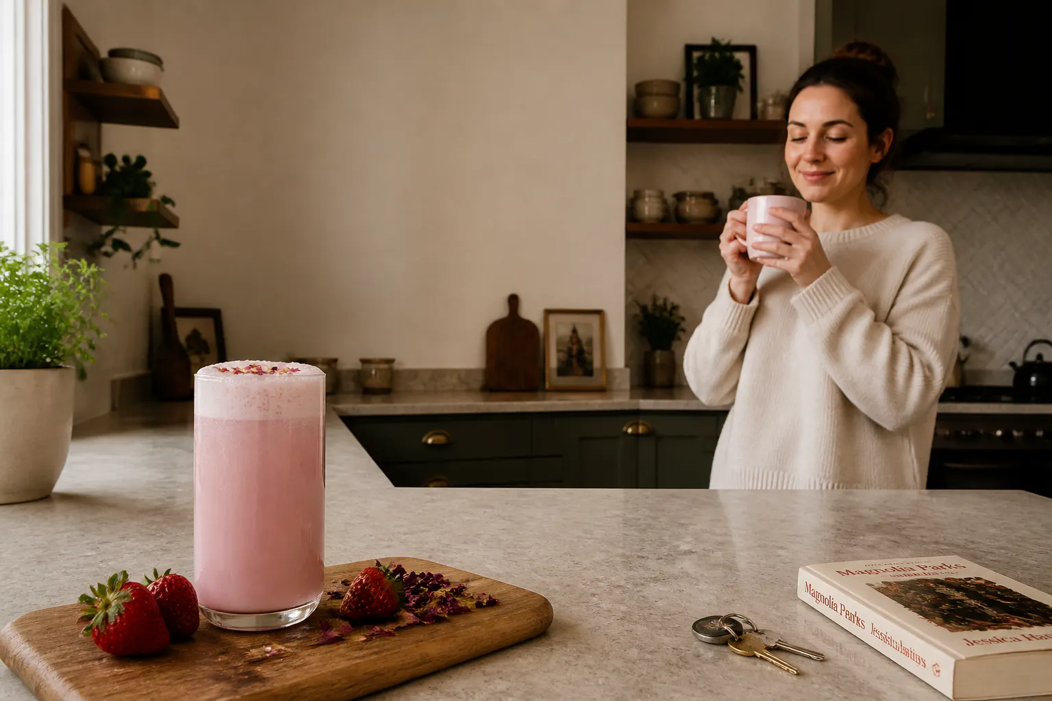 Woman holding a pink strawberry latte