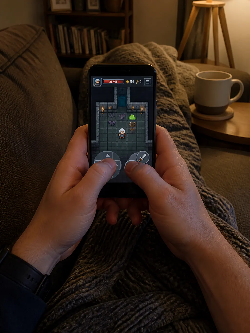 Phone in portrait with on-screen touch controls, both thumbs covering the bottom of the game