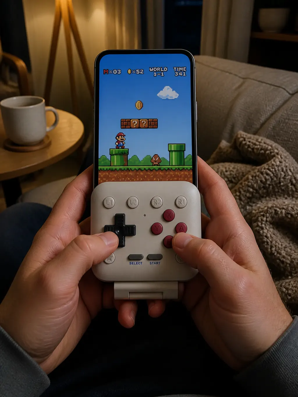 The same game on the same phone with the controller clamped beneath, screen fully visible