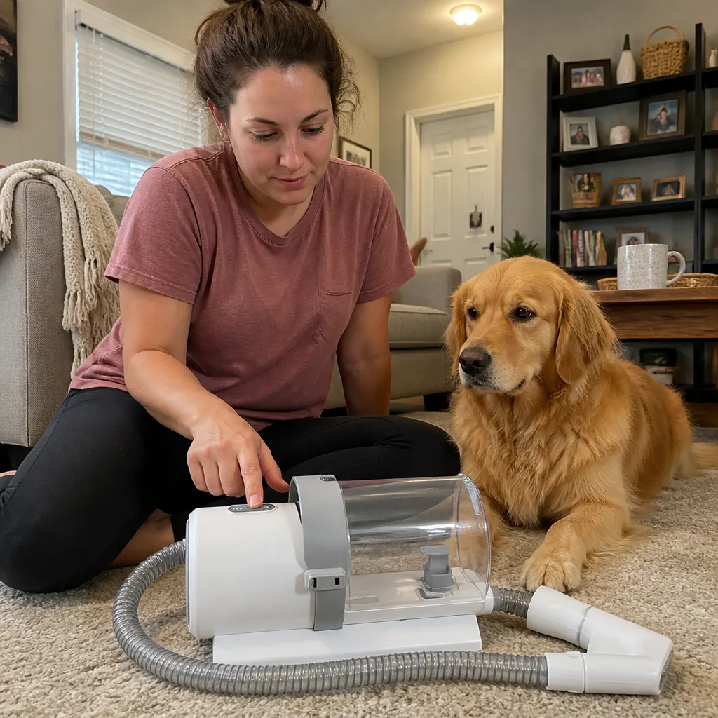 Step 1 of grooming with the vacuum on a pet