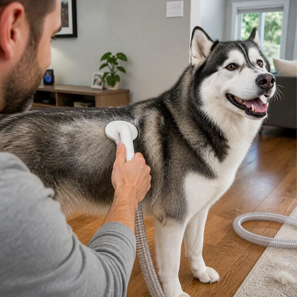 Step 2 of grooming with the vacuum on a pet