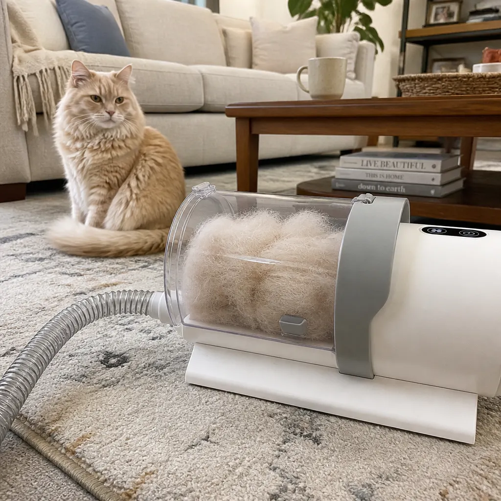 Step 3 of grooming with the vacuum on a pet