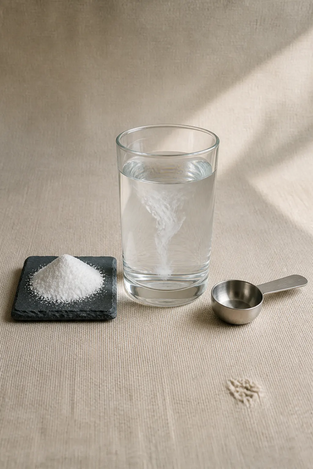 Fine Ventra NMN powder texture beside the powder dissolving clear in a glass of water