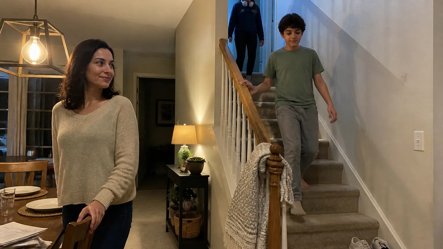 A parent and child on the stairs of a family home in warm evening light