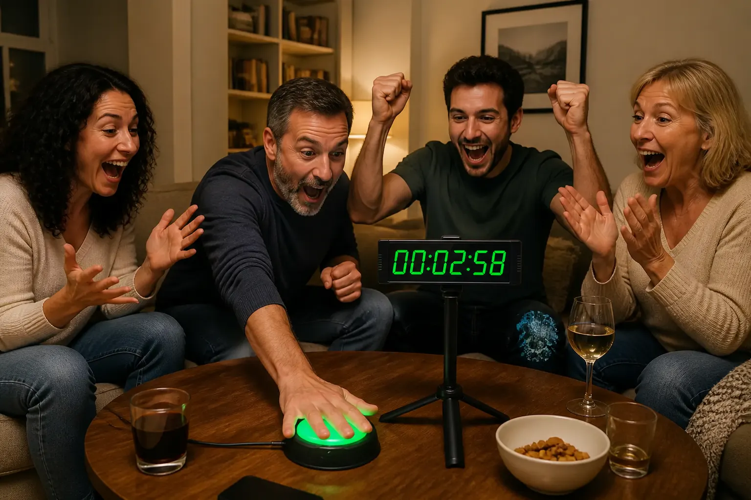 A mixed-age group slamming the light-up arcade button as the LED reveals a close-call time