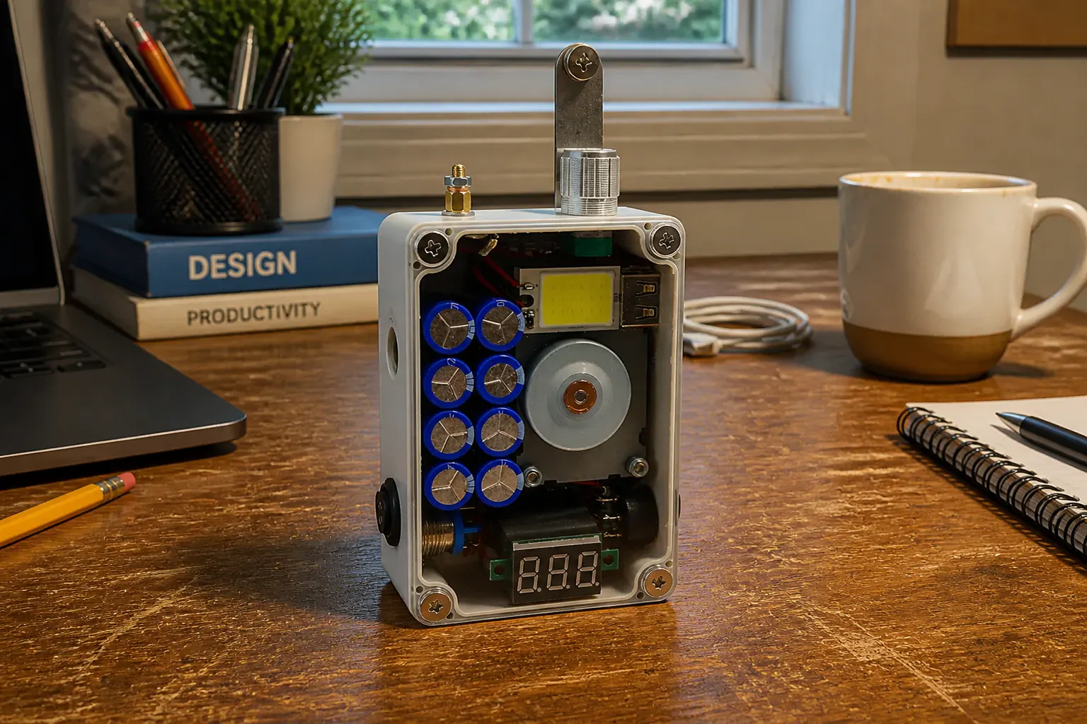Ventra transparent case revealing the motor, board and supercapacitors