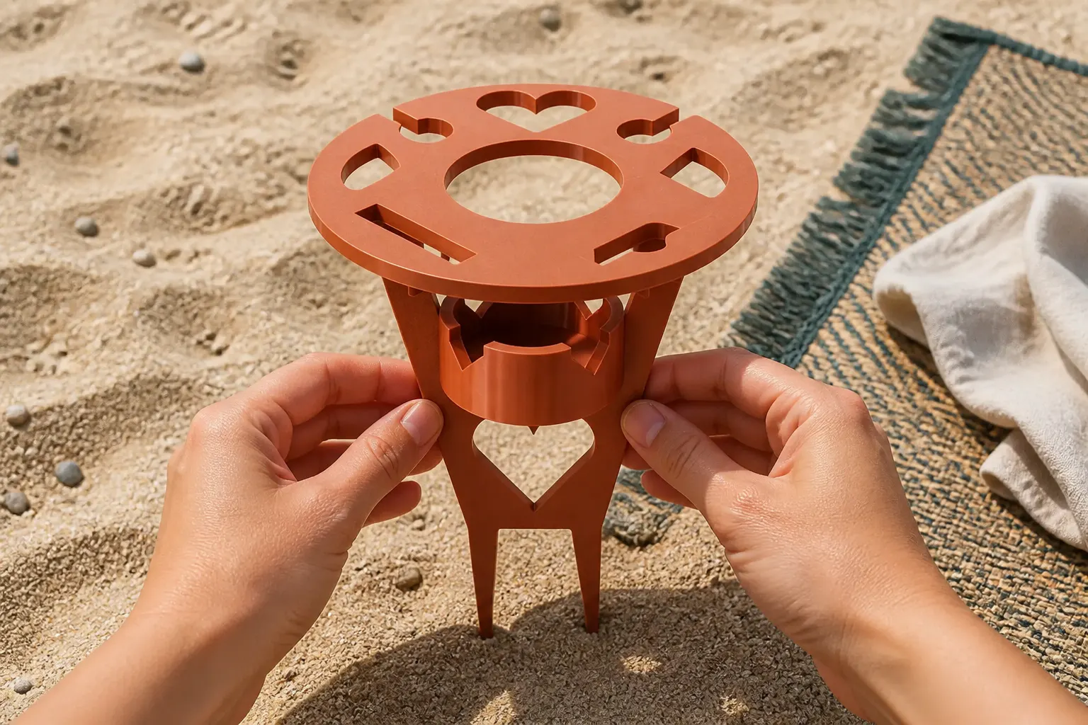 Pointed legs of the Ventra table being pushed into beach sand