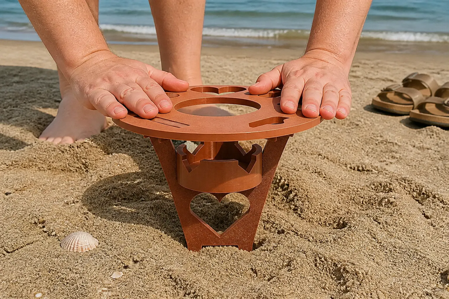 A wine bottle in the center hole and two glasses in the side cutouts